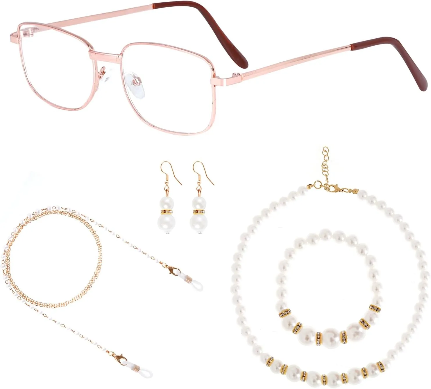 Old Lady Costume Accessories for Women Granny Glasses Beaded Chain Faux Pearl Bead Set for 100th Day of School