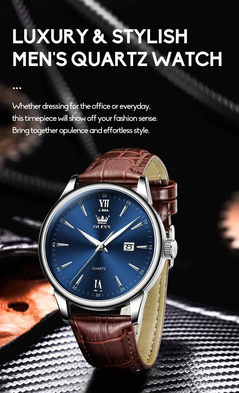 OLEVS Watches for Men Fashion Elegant Leather Band Men Watch Waterproof Quartz Analog Calendar Men's Wrist Watches Blue/White/Black