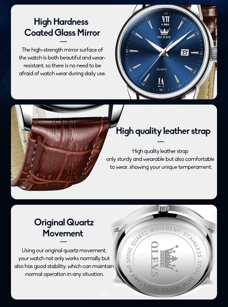 OLEVS Watches for Men Fashion Elegant Leather Band Men Watch Waterproof Quartz Analog Calendar Men's Wrist Watches Blue/White/Black