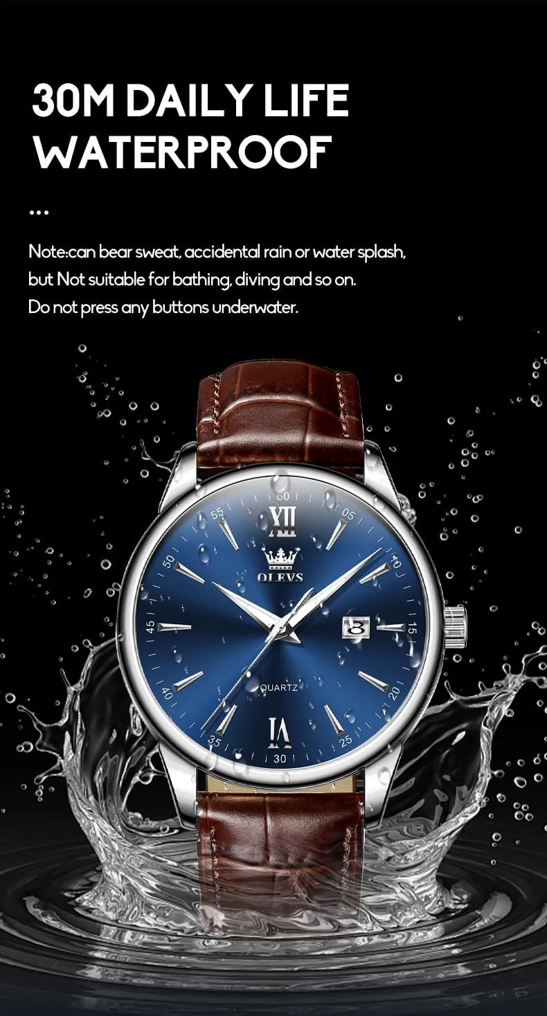 OLEVS Watches for Men Fashion Elegant Leather Band Men Watch Waterproof Quartz Analog Calendar Men's Wrist Watches Blue/White/Black