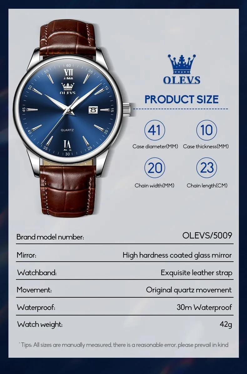 OLEVS Watches for Men Fashion Elegant Leather Band Men Watch Waterproof Quartz Analog Calendar Men's Wrist Watches Blue/White/Black