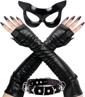 OLYPHAN Black Cat Mask Costume Accessories Cat Woman Costume for Women Halloween Masquerade Mask Adult, Sexy Shiny Arm Sleeve Gloves & Faux Leather Choker Necklace 3PC