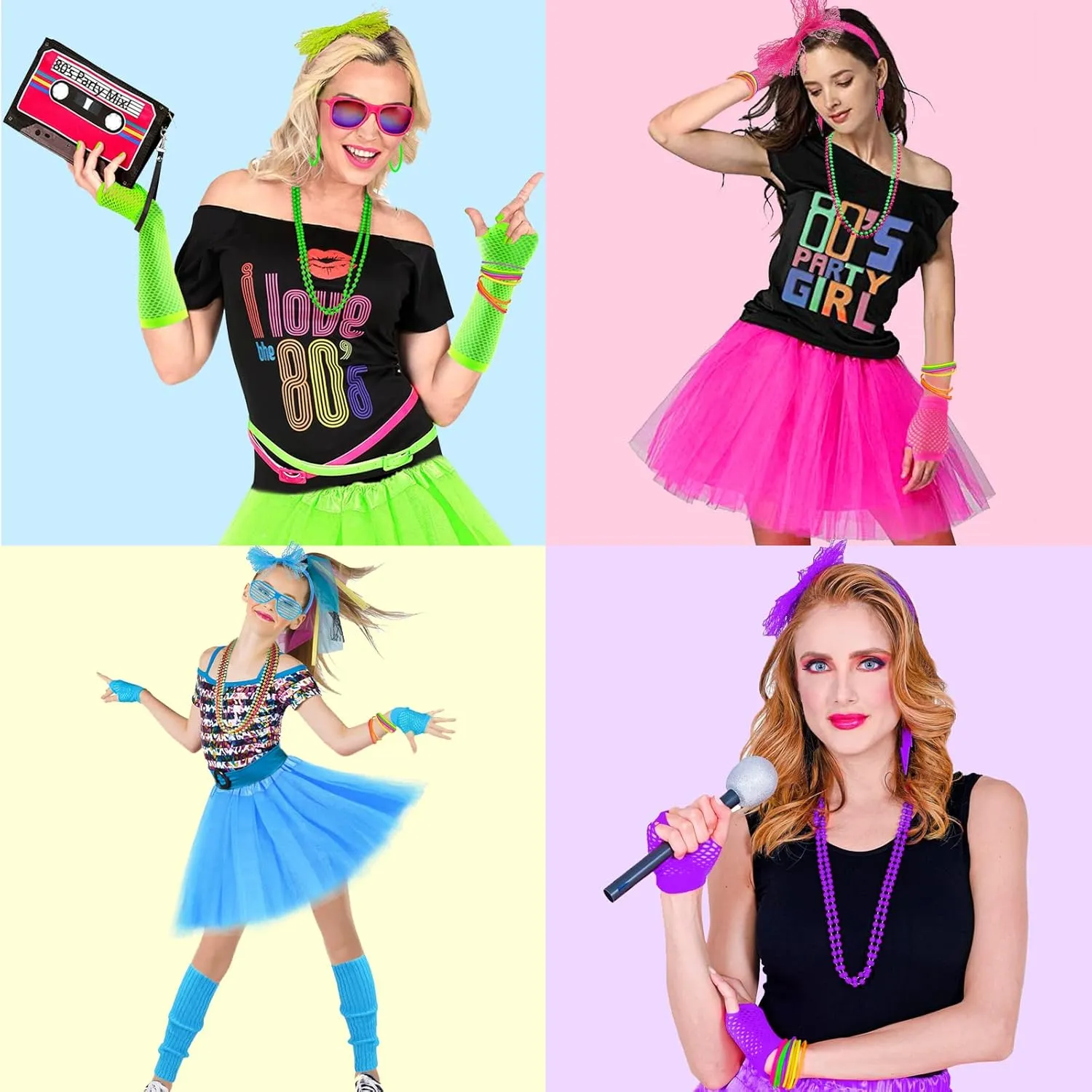 ONUPGO 80s Costumes Accessories for Women, 80s Accessories Fancy Dress Neon Headband Earrings Fishnet Gloves Necklace