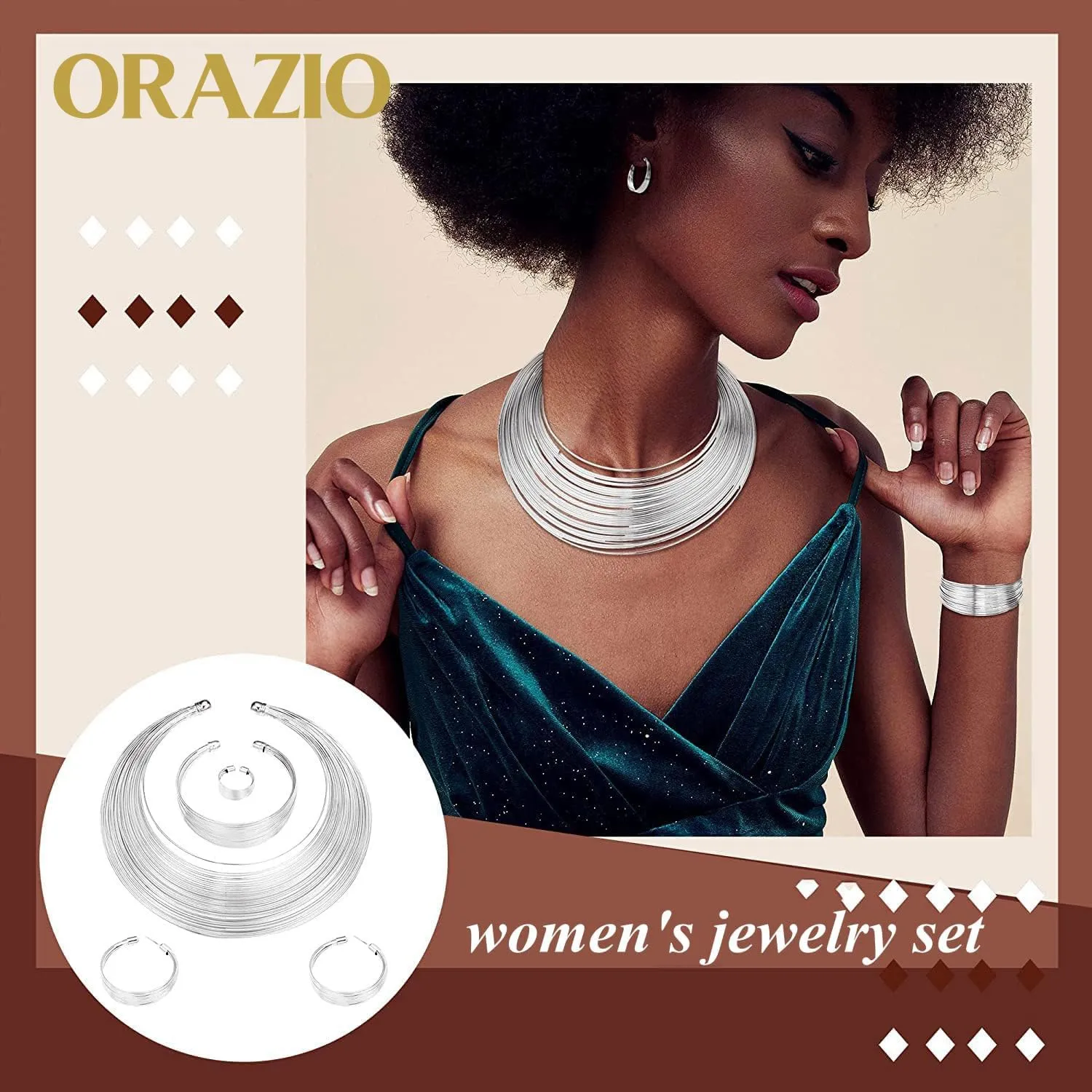 ORAZIO Bib Choker Statement Necklaces for Women Cuff Bracelet Open Hoop Stud Earrings Ring African Chunky Costume Jewelry Set