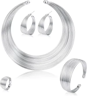 ORAZIO Bib Choker Statement Necklaces for Women Cuff Bracelet Open Hoop Stud Earrings Ring African Chunky Costume Jewelry Set
