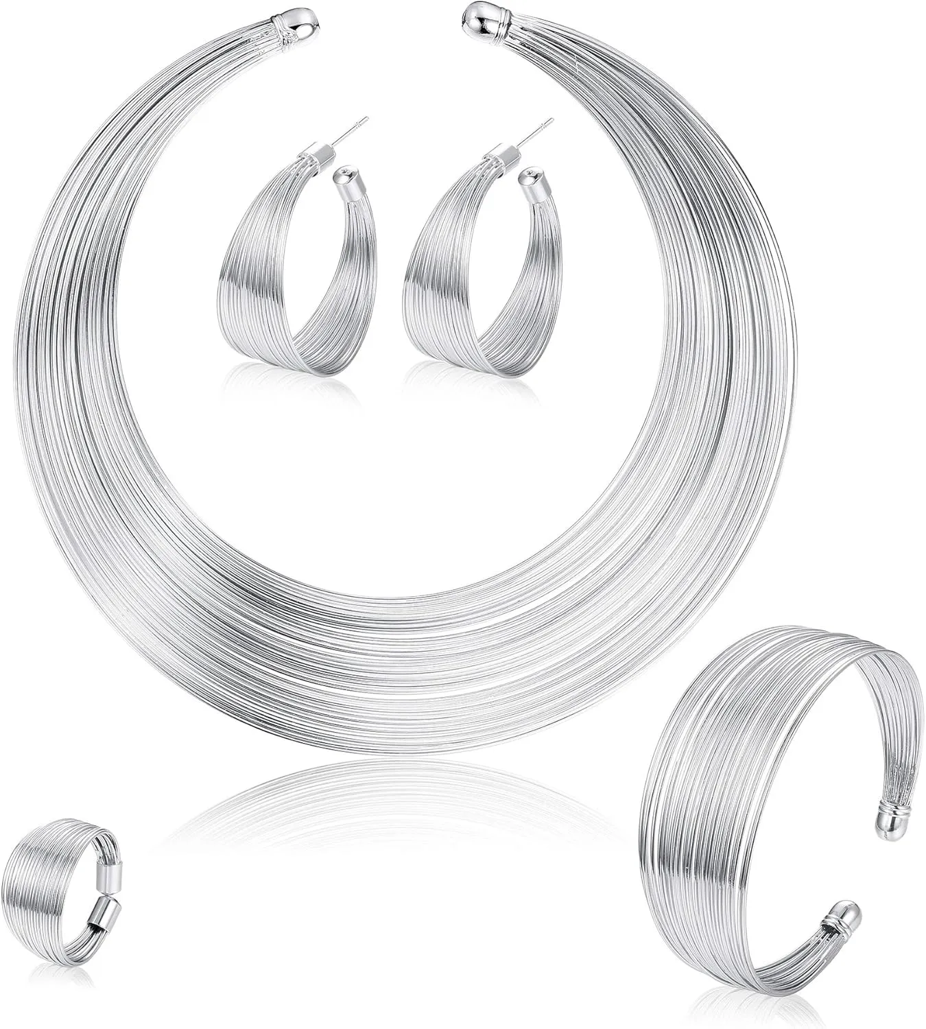 ORAZIO Bib Choker Statement Necklaces for Women Cuff Bracelet Open Hoop Stud Earrings Ring African Chunky Costume Jewelry Set