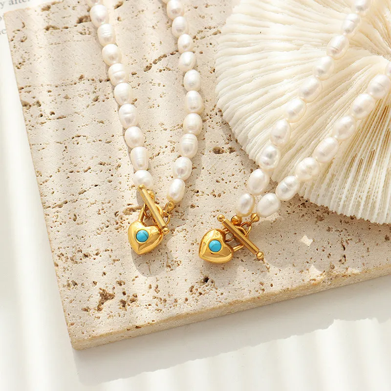 OT Clasp Pearl Necklace With Heart Pendant