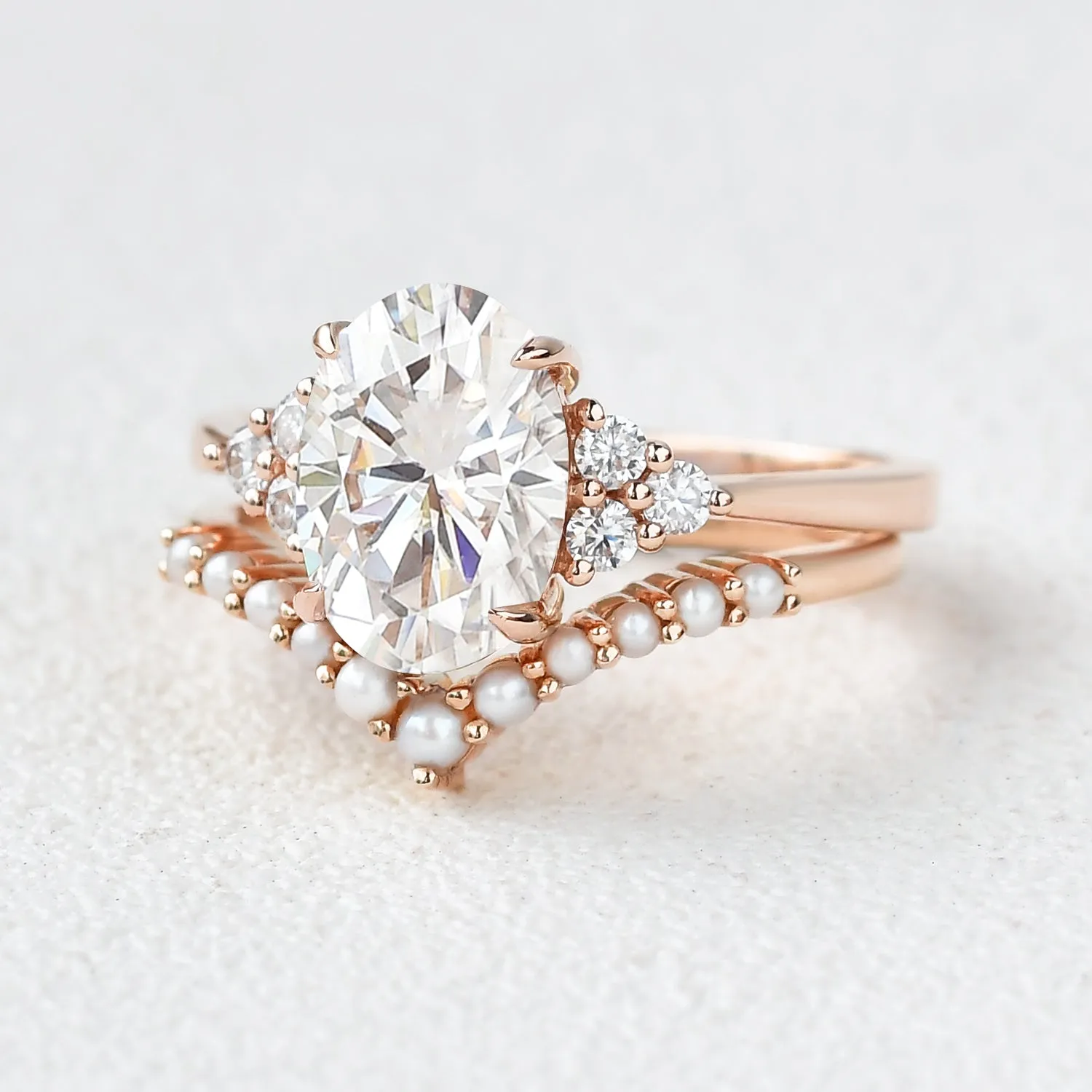 Oval Cut Moissanite Pearl-fect Gold Ring Set 2pcs