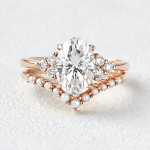 Oval Cut Moissanite Pearl-fect Gold Ring Set 2pcs