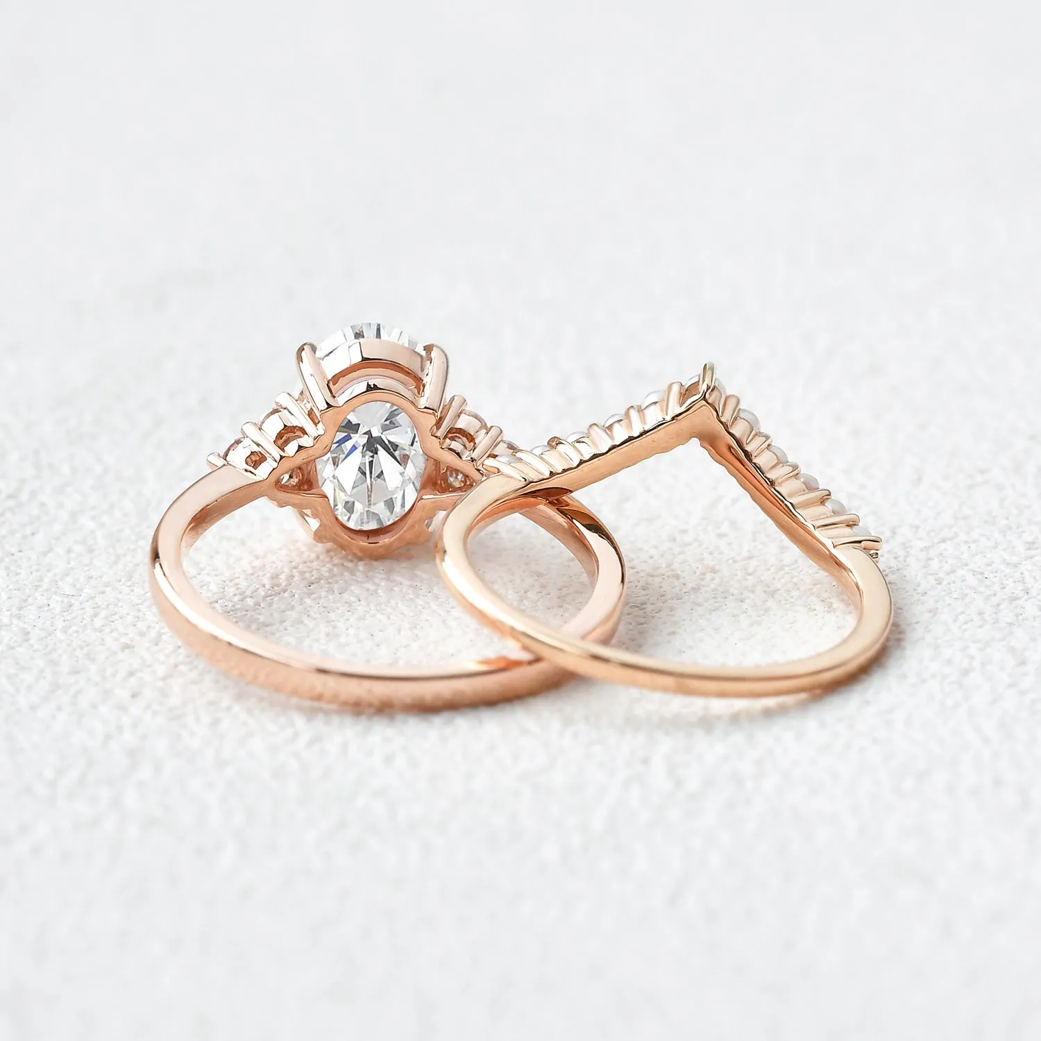 Oval Cut Moissanite Pearl-fect Gold Ring Set 2pcs