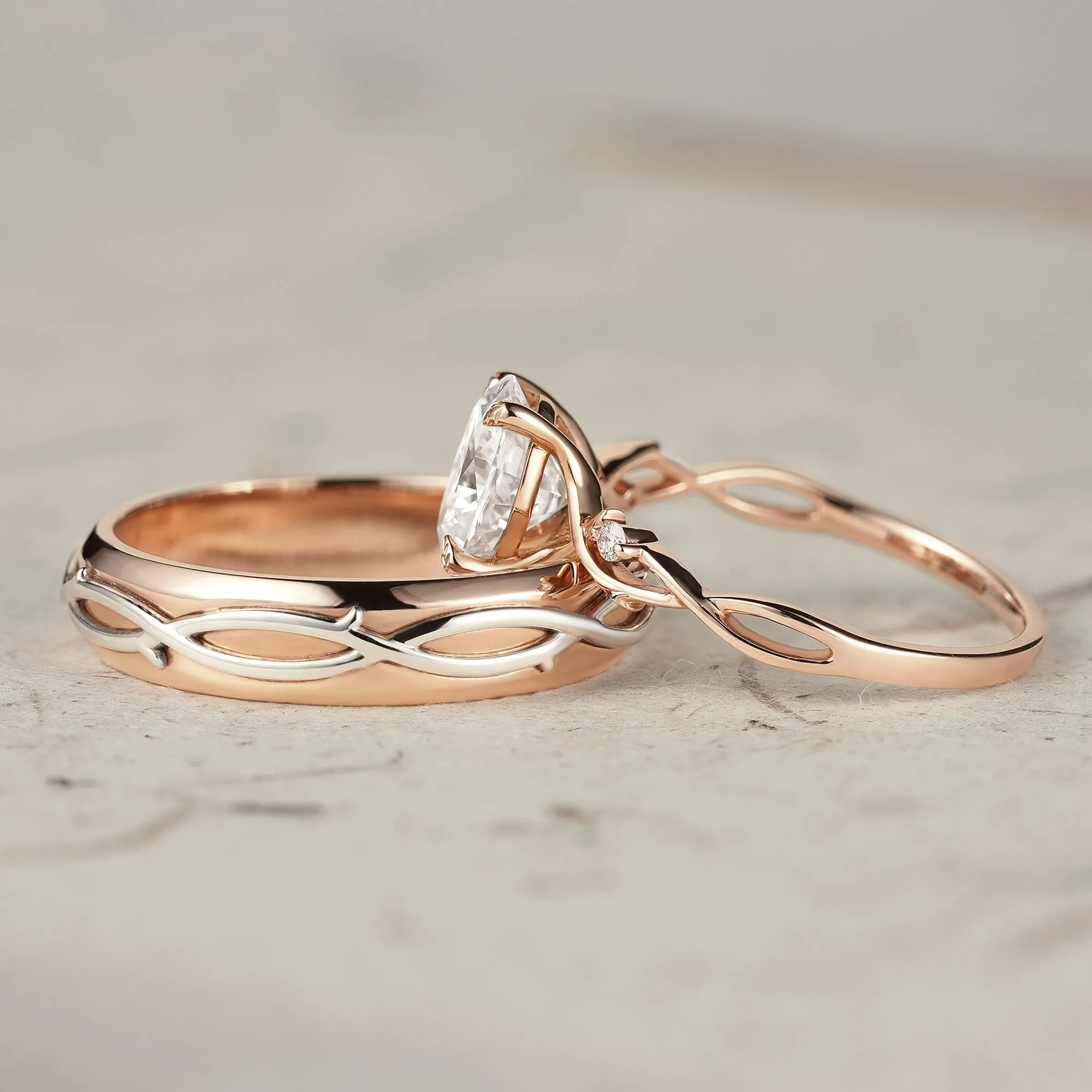 Oval-Cut Rose Gold Vine Couple’s Ring Set - Bonded for Life