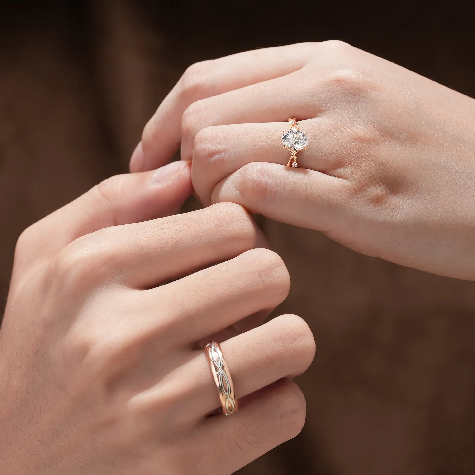 Oval-Cut Rose Gold Vine Couple’s Ring Set - Bonded for Life