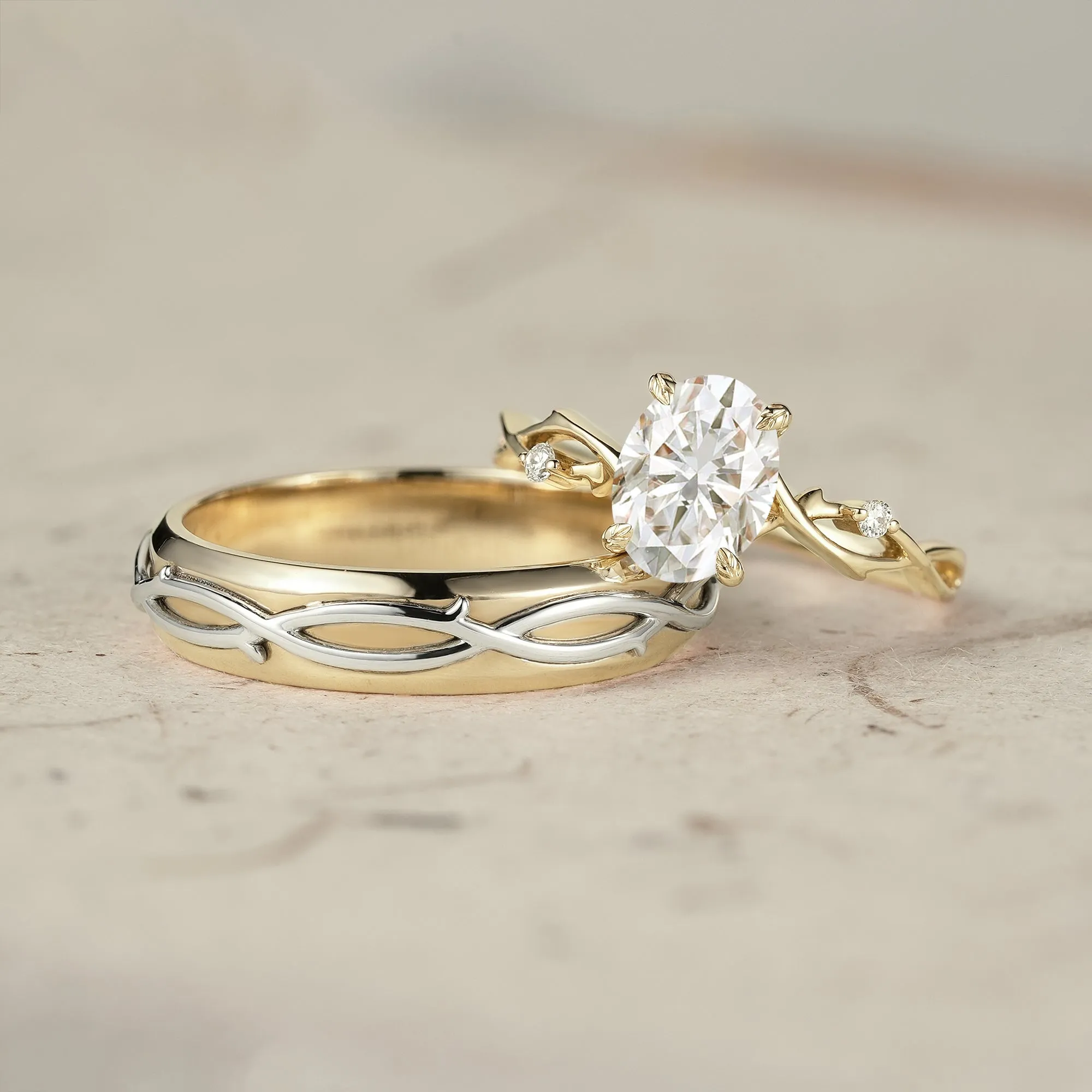 Oval-Cut Rose Gold Vine Couple’s Ring Set - Bonded for Life