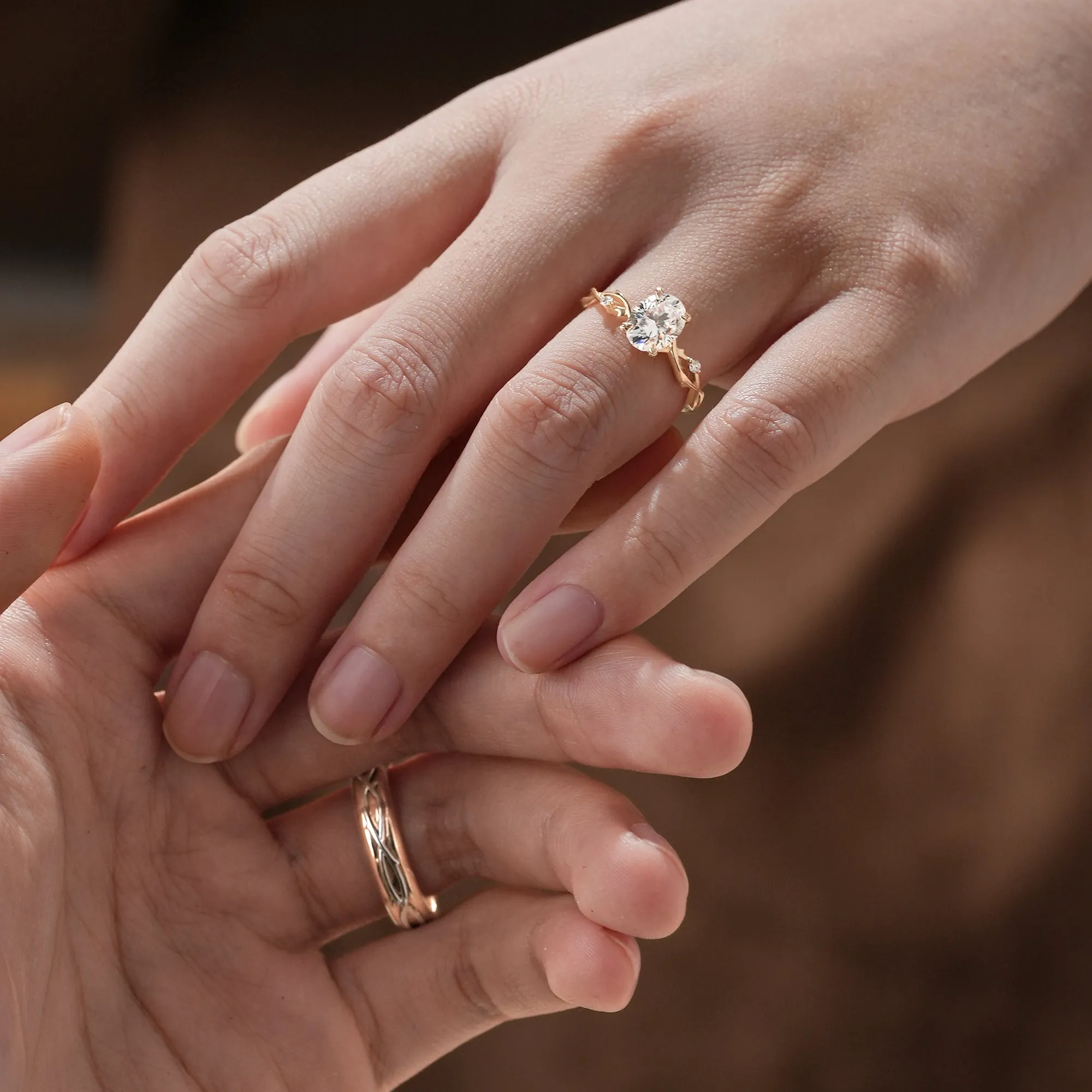 Oval-Cut Rose Gold Vine Couple’s Ring Set - Bonded for Life