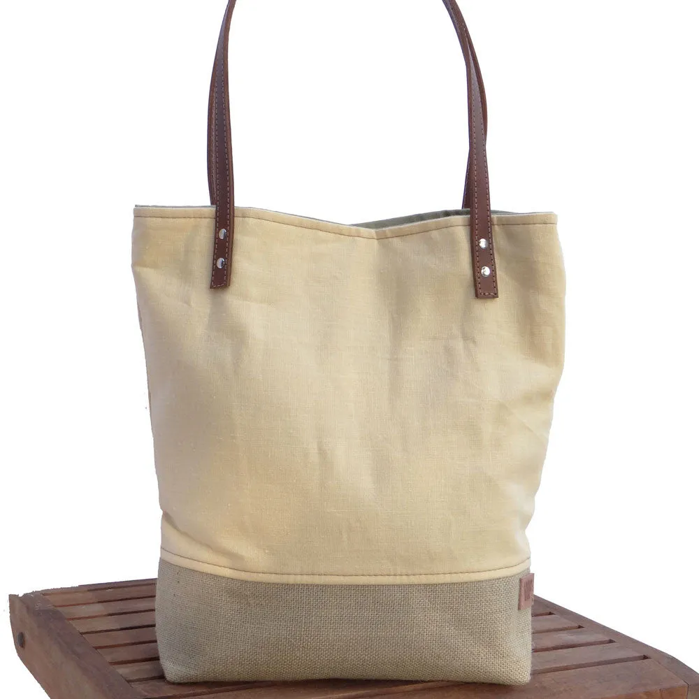 Panama Linen and Burlap Tote Bag - Yellow and Beige
