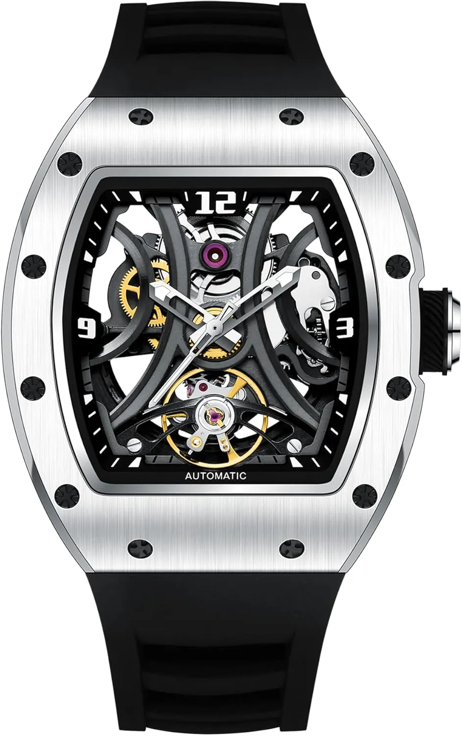 Paras Crown Automatic Analog Watches for Men Mechanical Mens Watches Stainless Case 50M Waterproof Fashion Luxury Wrist Watches with Silicone Strap