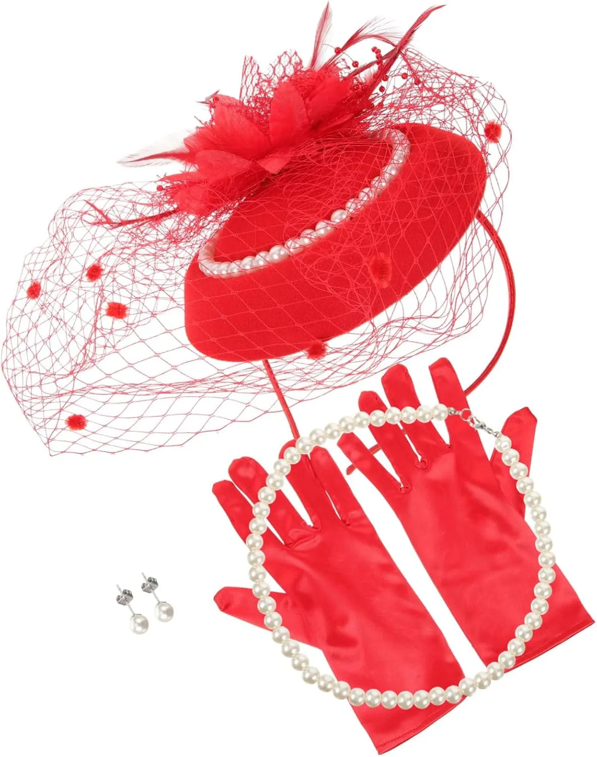 PartyKindom Luxury Pearl Hat Jewelry Set Vintage Style Mesh Veil Headband Necklace Earrings Gloves for Tea Party Bridal