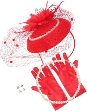 PartyKindom Luxury Pearl Hat Jewelry Set Vintage Style Mesh Veil Headband Necklace Earrings Gloves for Tea Party Bridal