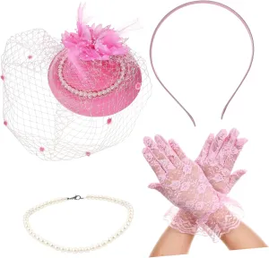 PartyKindom Vintage Tea Party Hat Gloves Set Lace Headband Hat 1920s Flapper Accessories for Women