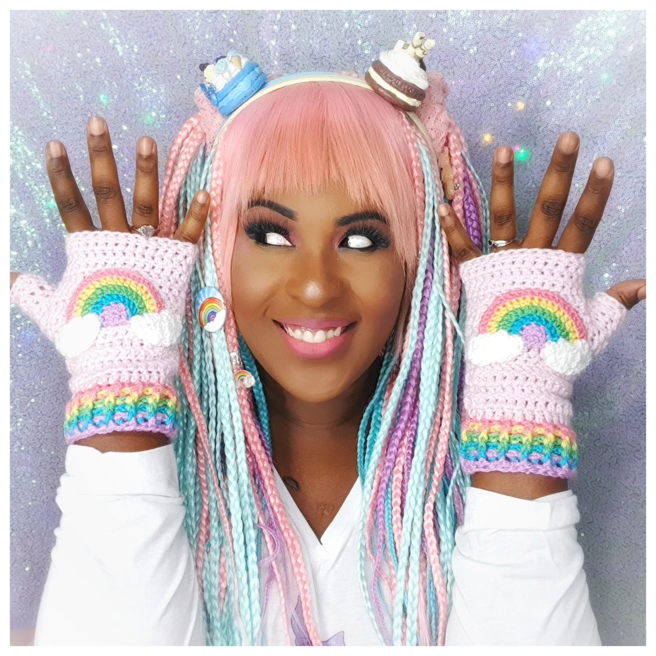 Pastel Rainbow Cloud Fingerless Gloves (Duck Egg Blue)
