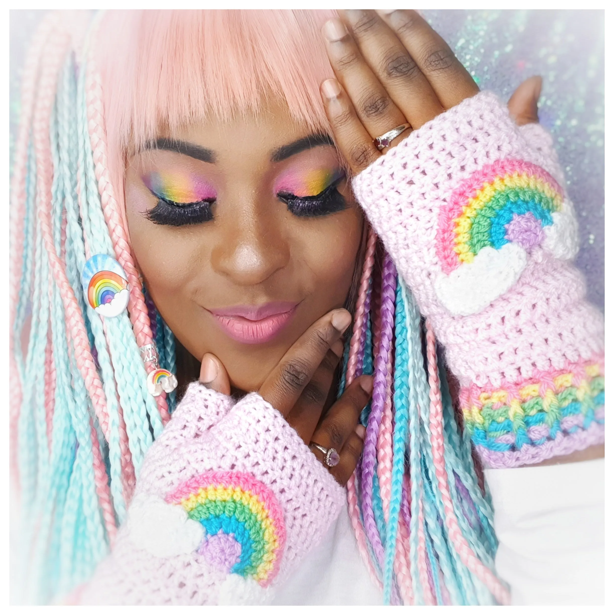 Pastel Rainbow Cloud Fingerless Gloves (Duck Egg Blue)