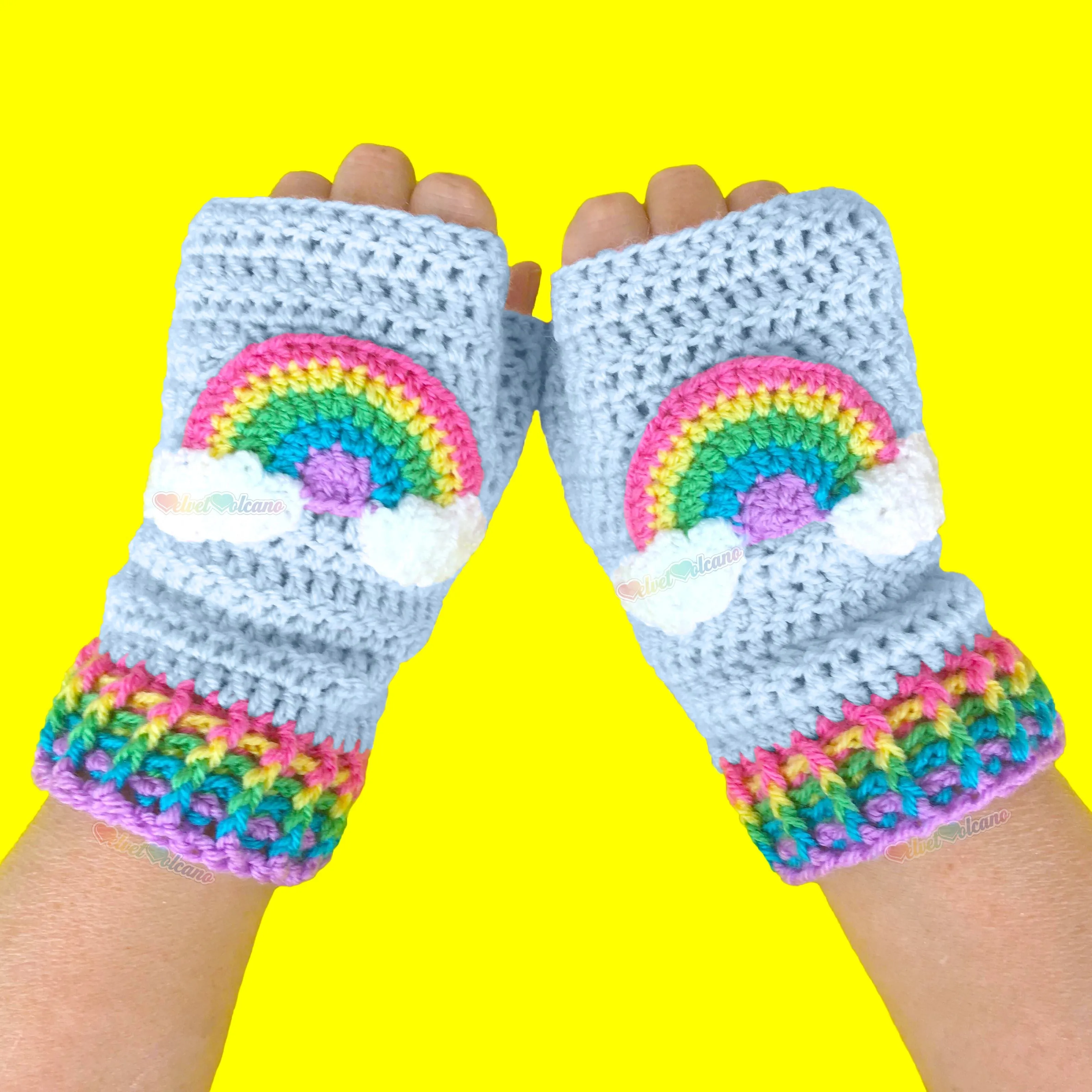 Pastel Rainbow Cloud Fingerless Gloves (Duck Egg Blue)