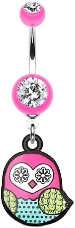 Patterned Owl Gem Cubic Zirconia Navel Dangle Belly Button Ring