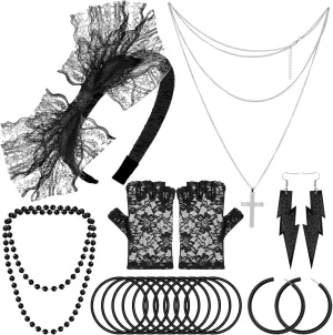PAXCOO 80s Accessories for Women, 80s Jewelry Accessories for Women 80s Outfit Costume Accessories with Lace Headband Earrings Fishnet Gloves Necklace Bracelet for 80s Retro Party