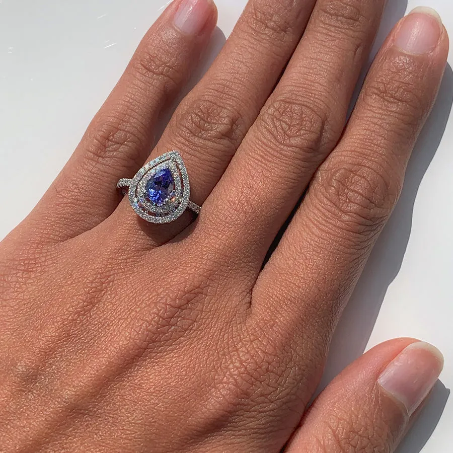 Pear Shaped Tanzanite Ring  with Double Halos