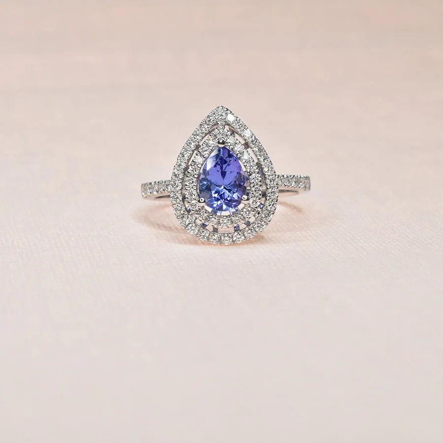 Pear Shaped Tanzanite Ring  with Double Halos