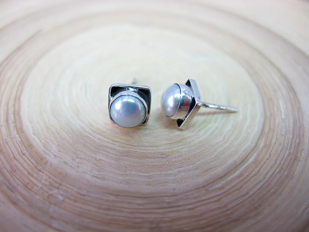 Pearl 6mm Square Minimalist Stud Earrings in 925 Sterling Silver