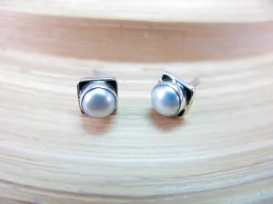 Pearl 6mm Square Minimalist Stud Earrings in 925 Sterling Silver