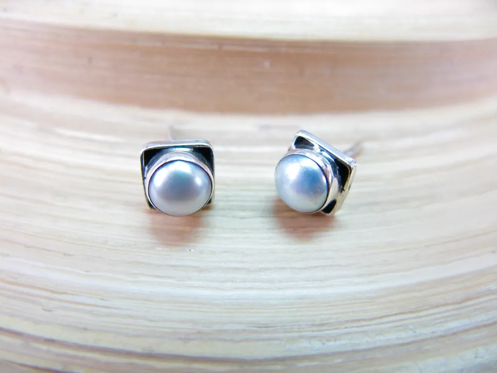 Pearl 6mm Square Minimalist Stud Earrings in 925 Sterling Silver