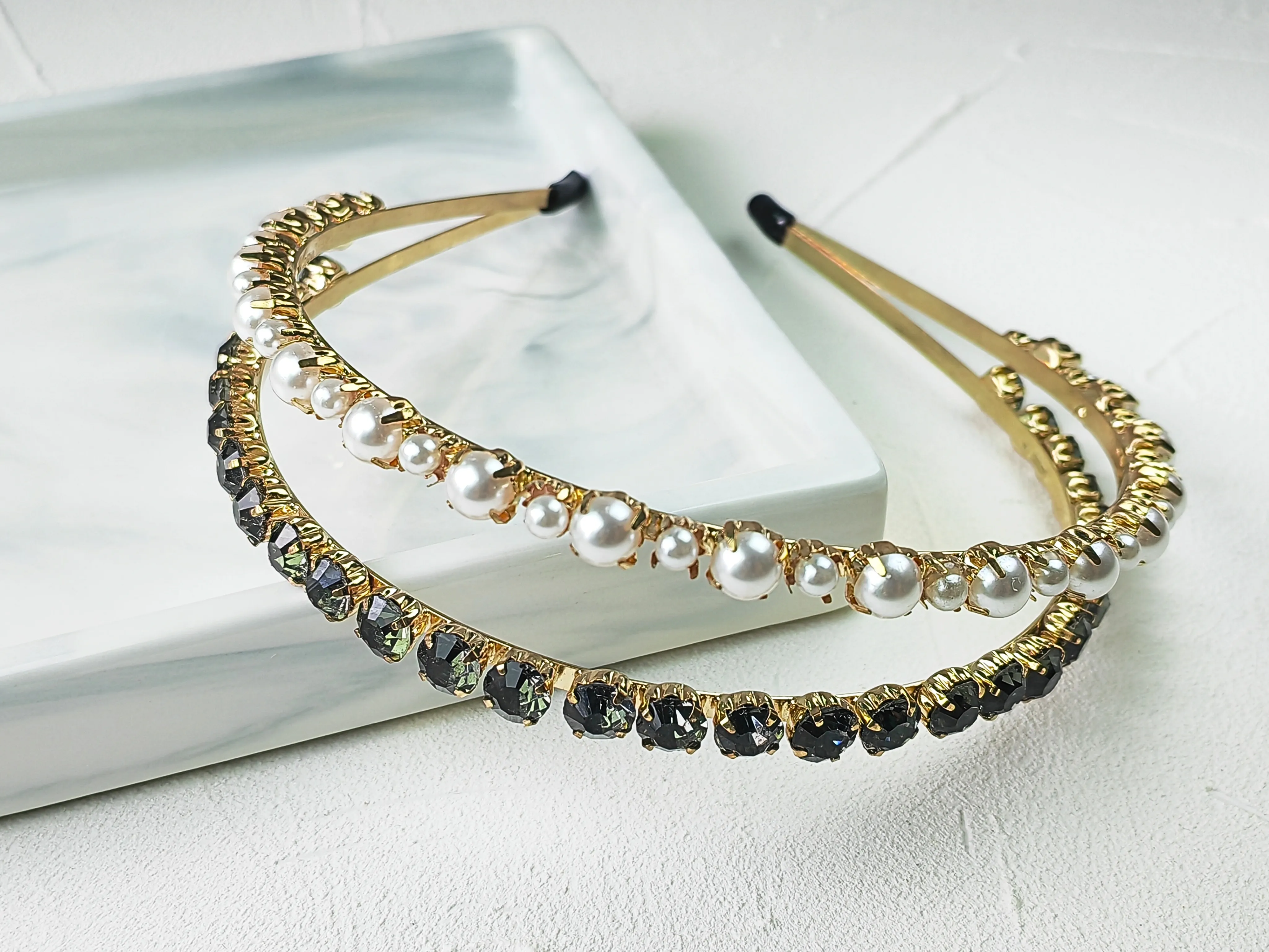 Pearl & Rhinestone Double Row Gold Headband