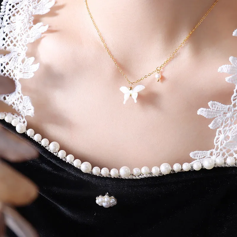 Pearl Charm Butterfly Pendant Necklace