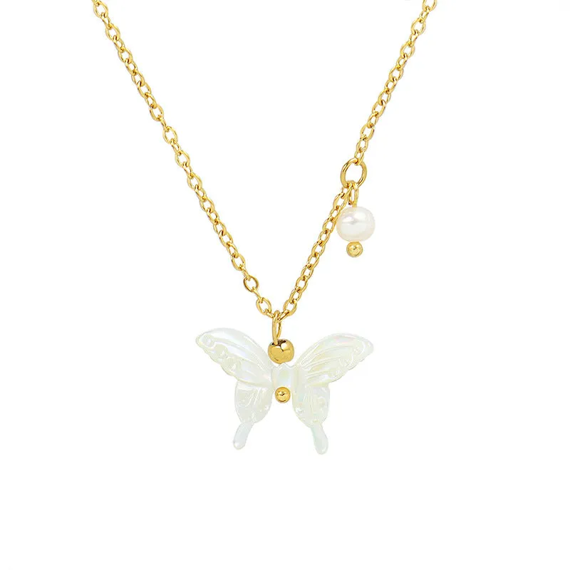 Pearl Charm Butterfly Pendant Necklace