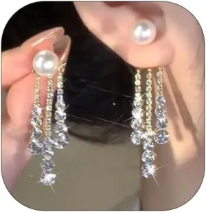 Pearl Crystal Long Tassel Earring for Women Sparkly Rhinestone Dangle Earrings Cz Chain Statement Earrings Jewelry Bridesmaids Bride Party Prom Gifts