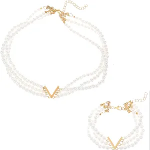 Pearl Necklace for Women Layered Beads Jewelry Set Statement Necklace Choker Stackable Bracelet for Ladies Mother Bridal Bridesmaid
