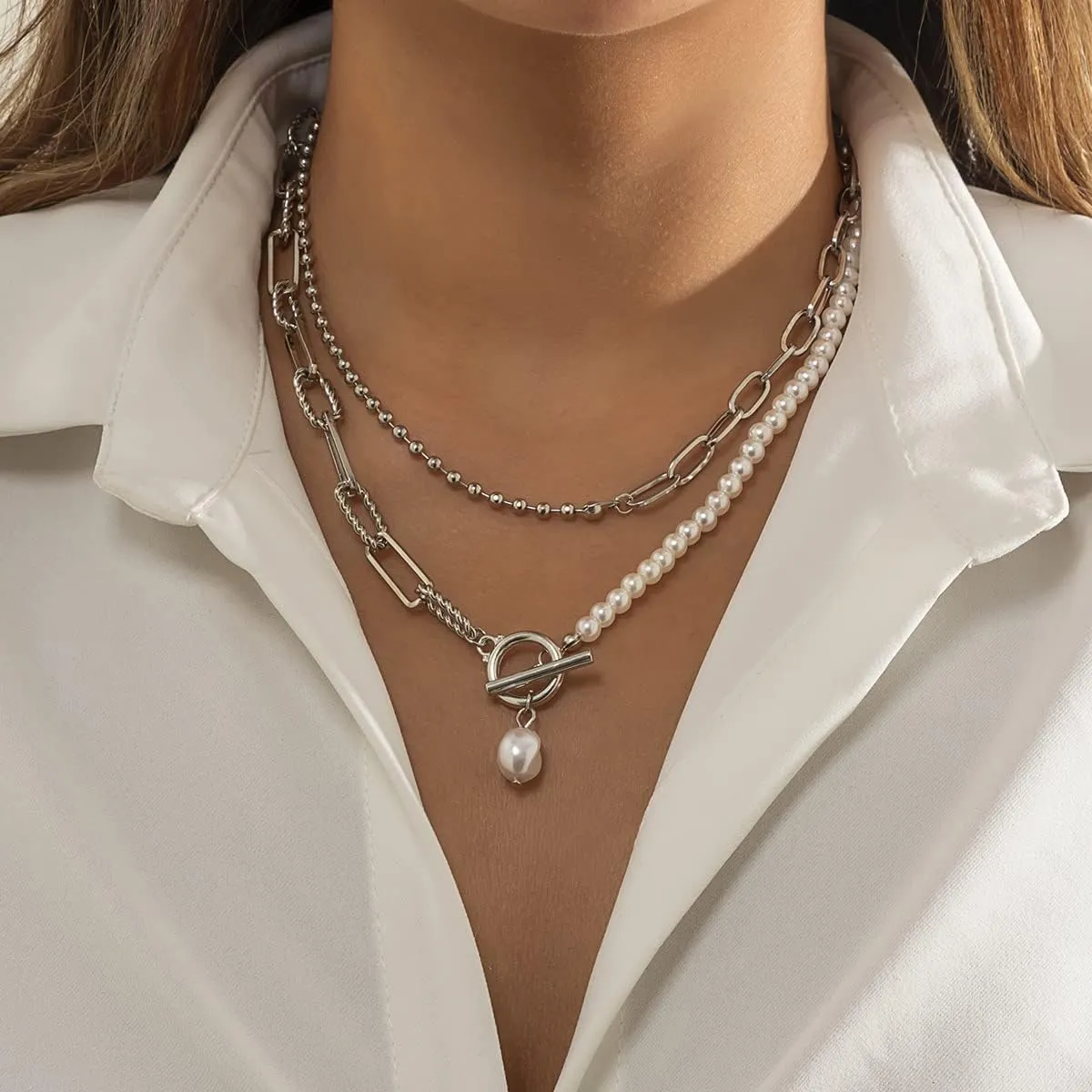 Pearl Paperclip Necklace Toggle Clasp Necklace Statement Pendant Pearl Chains Ball Chain Layered Choker Necklace Girls Jewelry Gift for Women