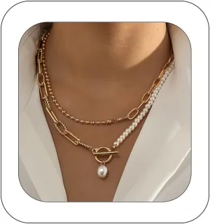 Pearl Paperclip Necklace Toggle Clasp Necklace Statement Pendant Pearl Chains Ball Chain Layered Choker Necklace Girls Jewelry Gift for Women