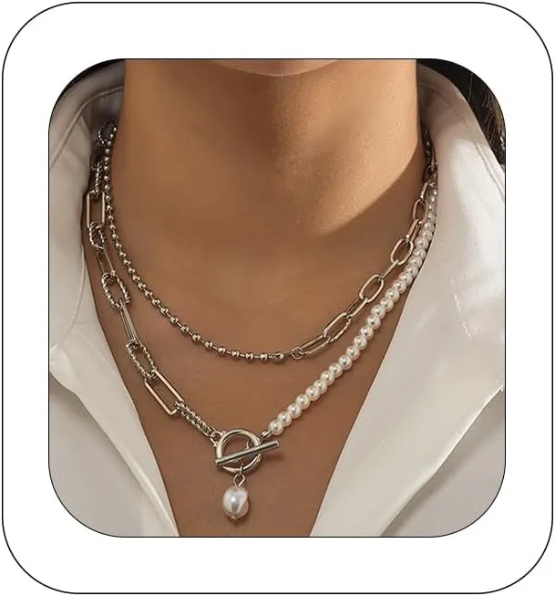 Pearl Paperclip Necklace Toggle Clasp Necklace Statement Pendant Pearl Chains Ball Chain Layered Choker Necklace Girls Jewelry Gift for Women