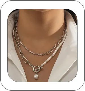 Pearl Paperclip Necklace Toggle Clasp Necklace Statement Pendant Pearl Chains Ball Chain Layered Choker Necklace Girls Jewelry Gift for Women