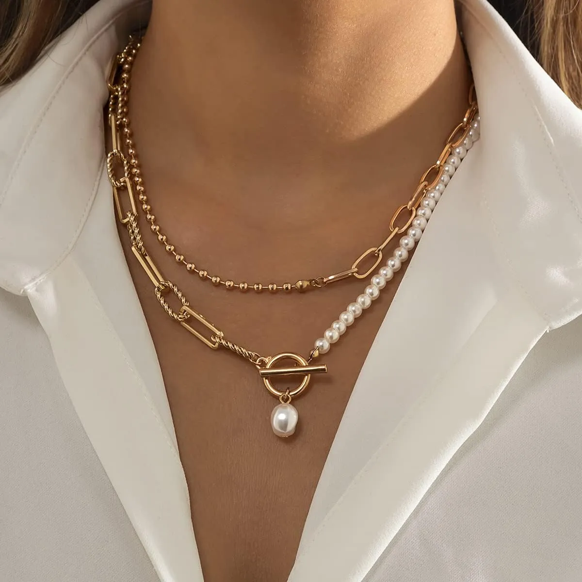 Pearl Paperclip Necklace Toggle Clasp Necklace Statement Pendant Pearl Chains Ball Chain Layered Choker Necklace Girls Jewelry Gift for Women