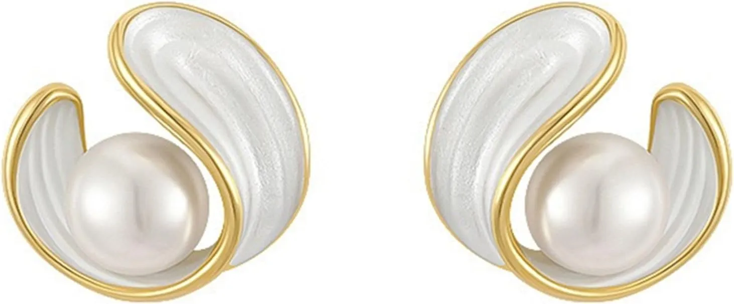 Pearl Stud Earrings for Women Stainless Steel Unique Statement Small Pearl Enamel Button Statement Vintage Earring Jewelry