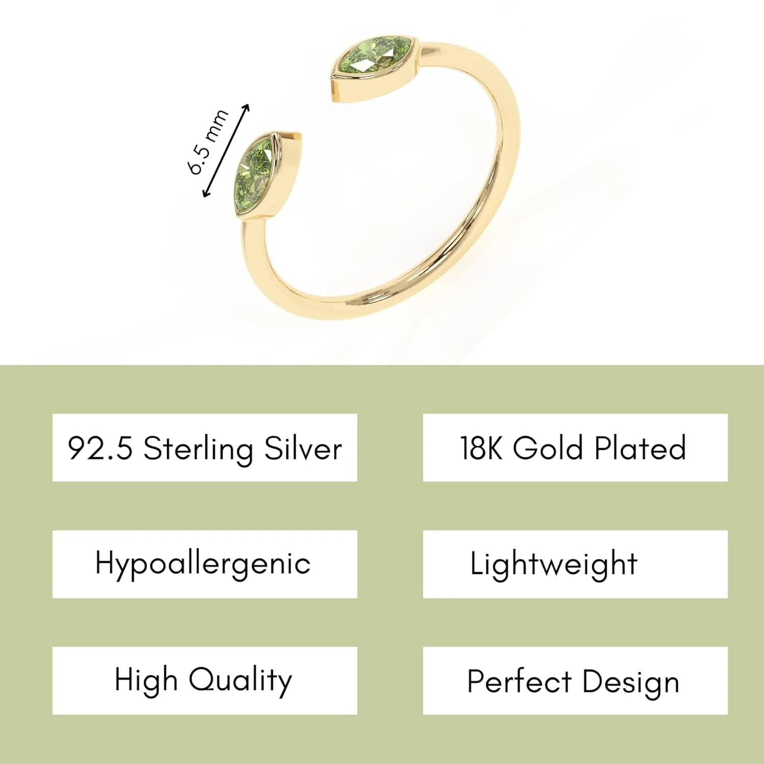 Peridot Rings, 18K Gold Rings for Women Teen Girls That Don't Tarnish - Real 925 Sterling Silver Rings, Stackable, Chunky, Dainty August Birthstone Gifts (Anillos Para Mujer, Marquise - Size 7)