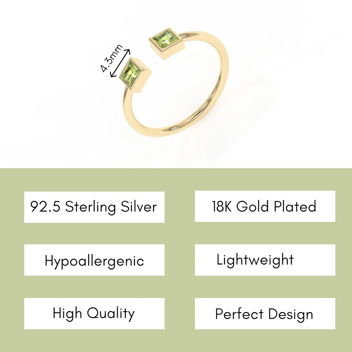 Peridot Rings, 18K Gold Rings for Women Teen Girls That Don't Tarnish - Real 925 Sterling Silver Rings, Stackable, Chunky, Dainty August Birthstone Gifts (Anillos Para Mujer, Square - Size 6)