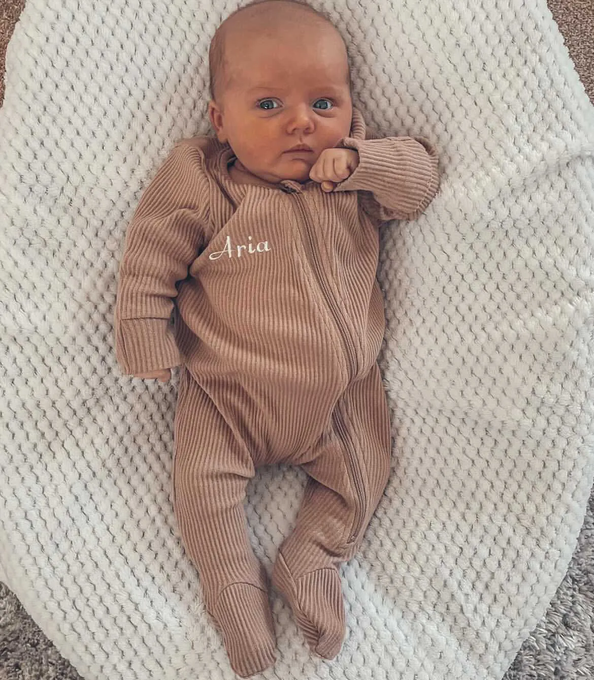 Personalised Mocha Ribbed Embroidered Sleepsuit