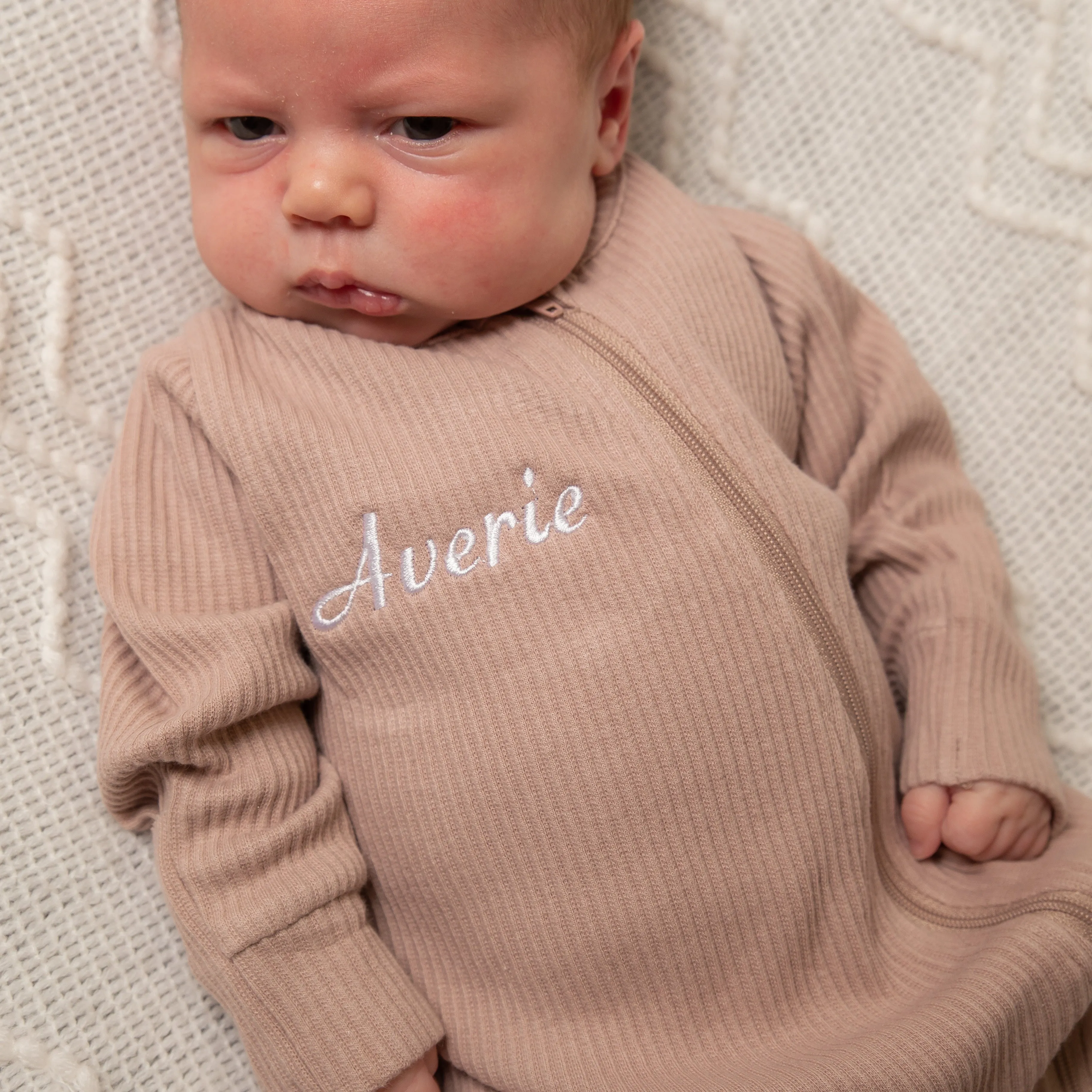 Personalised Mocha Ribbed Embroidered Sleepsuit