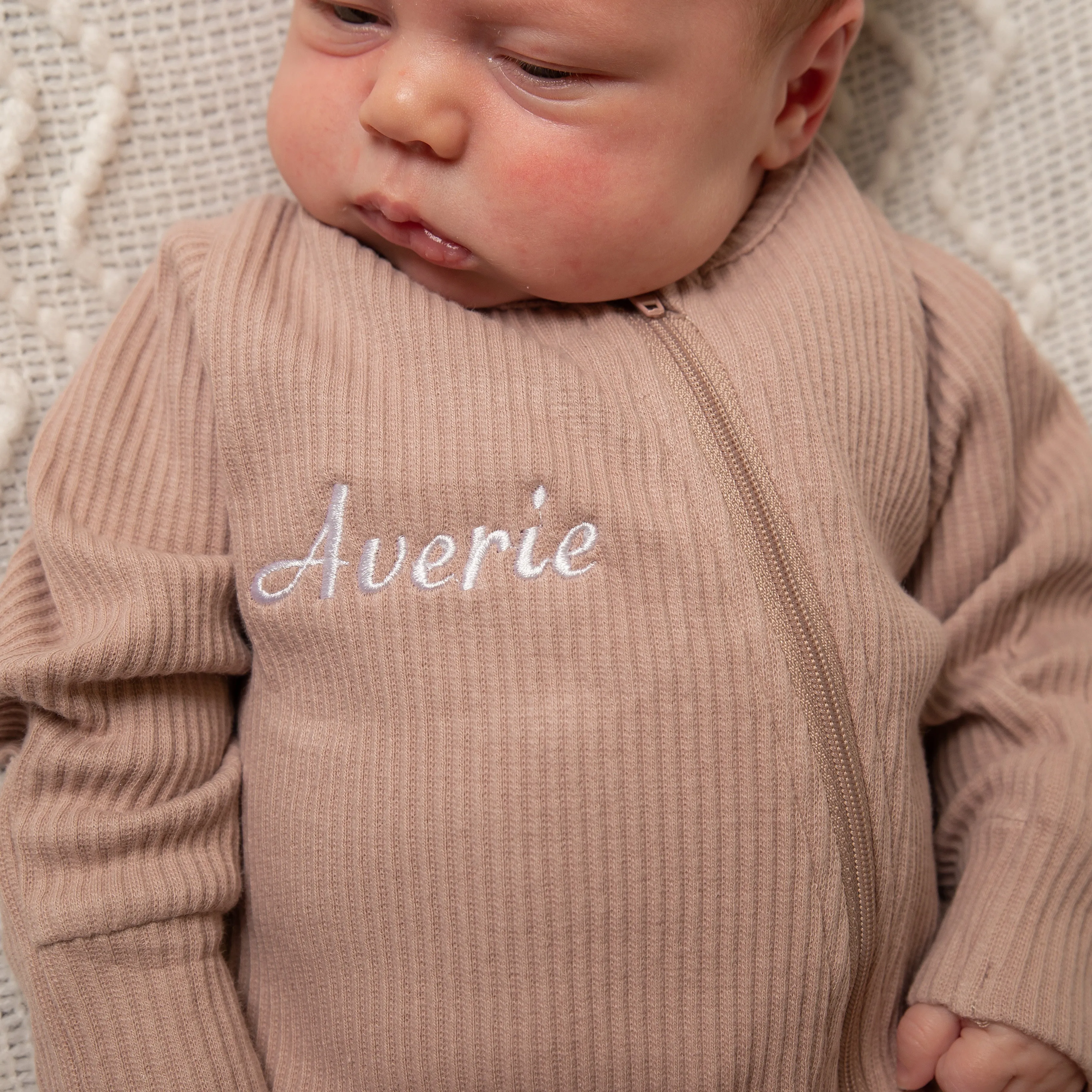 Personalised Mocha Ribbed Embroidered Sleepsuit