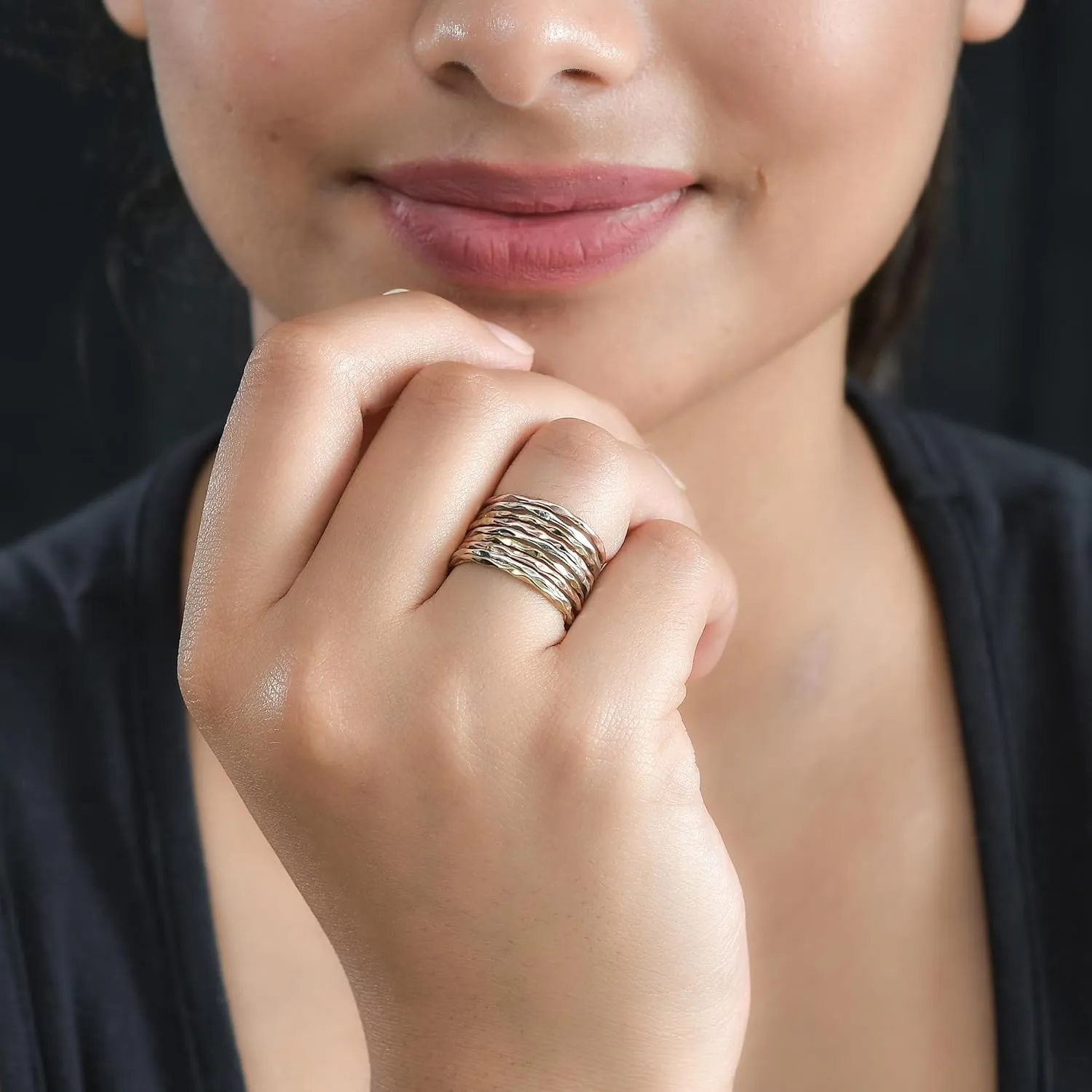 PHNX 3 Tone Hammered Statement Stackable chunky Band Rings For Women SIlver Copper Brass Ring Thin Band for Women, 9 Stacked Rings
